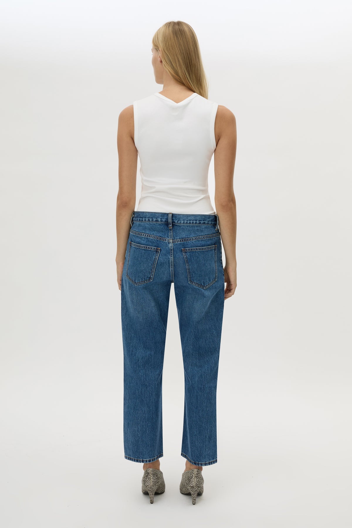 Back view CAMILLA AND MARC Alba Crew Neck Tank in White with fitted silhouette.