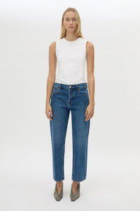 Front styled view CAMILLA AND MARC Alba Crew Neck Tank in White with fitted silhouette.