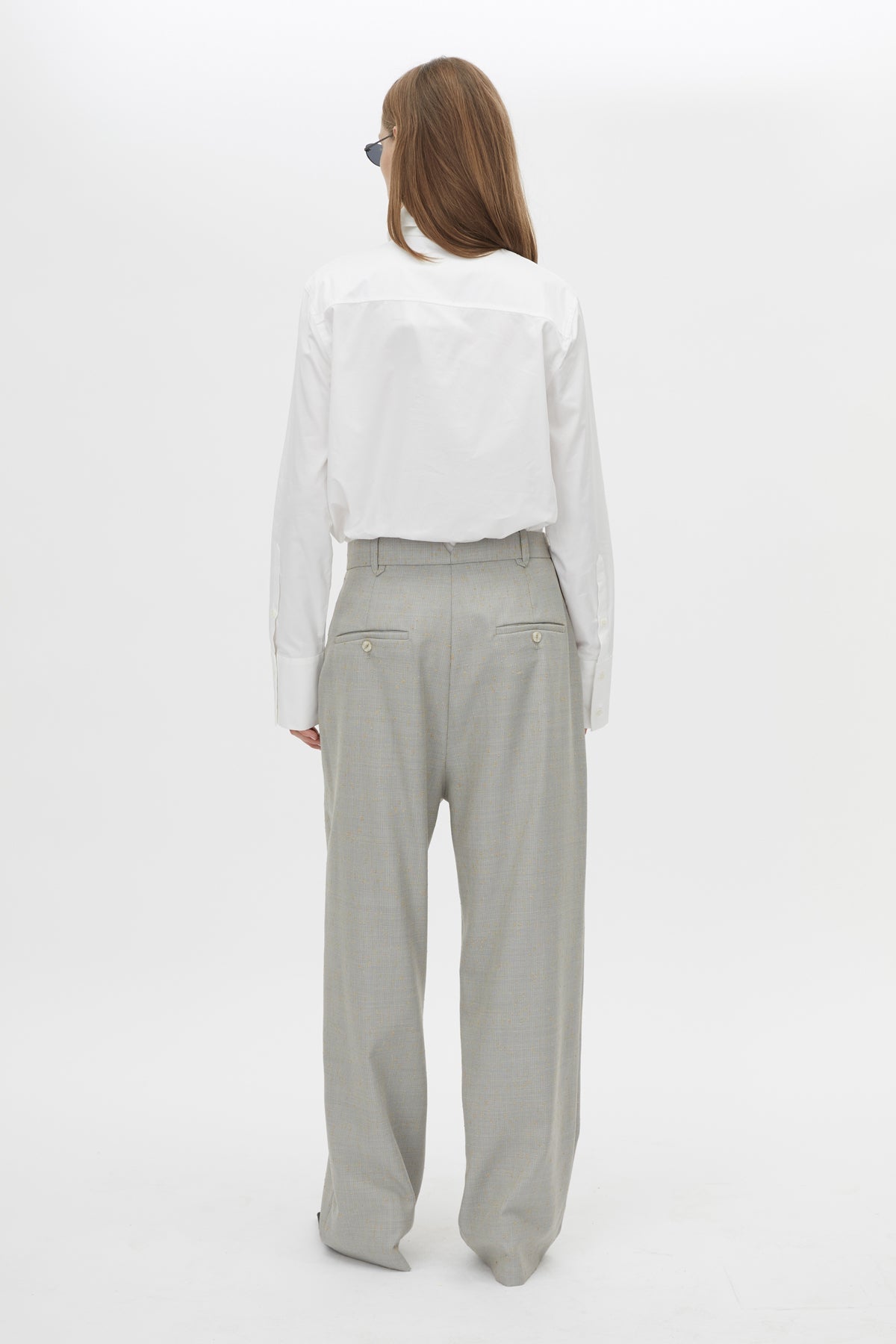 Back view CAMILLA AND MARC Denis Long Sleeve Shirt in White with man‑style tailoring and snake chain detail.