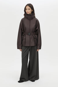 Front view CAMILLA AND MARC Drea Puffer Jacket in Espresso Brown with funnel neck and padded puffer silhouette.