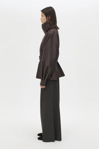 Side view CAMILLA AND MARC Drea Puffer Jacket in Espresso Brown with funnel neck and padded puffer silhouette.
