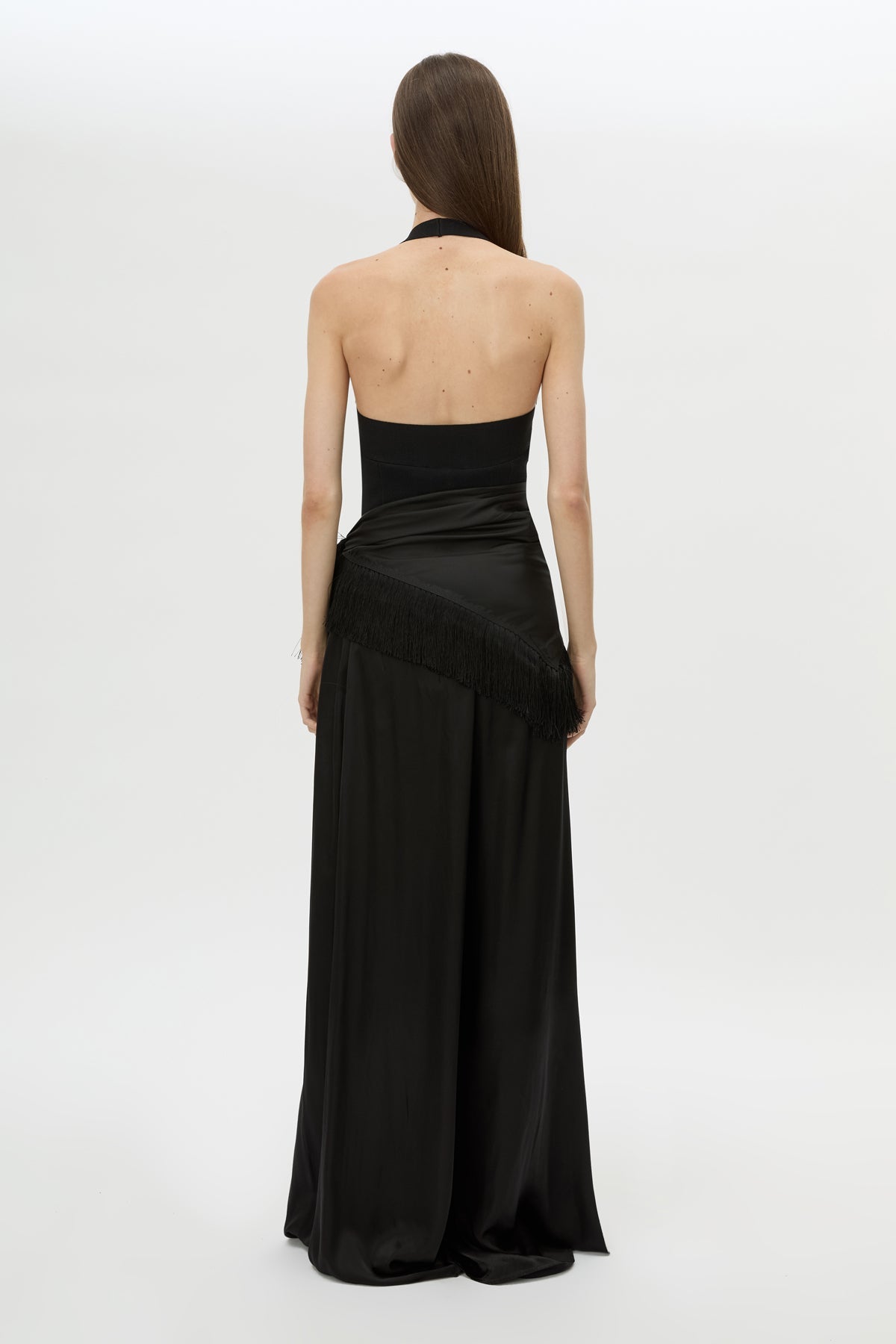 Back view CAMILLA AND MARC Dune Scarf Top in Cream with fringe hem, and corner loops for versatile wear.