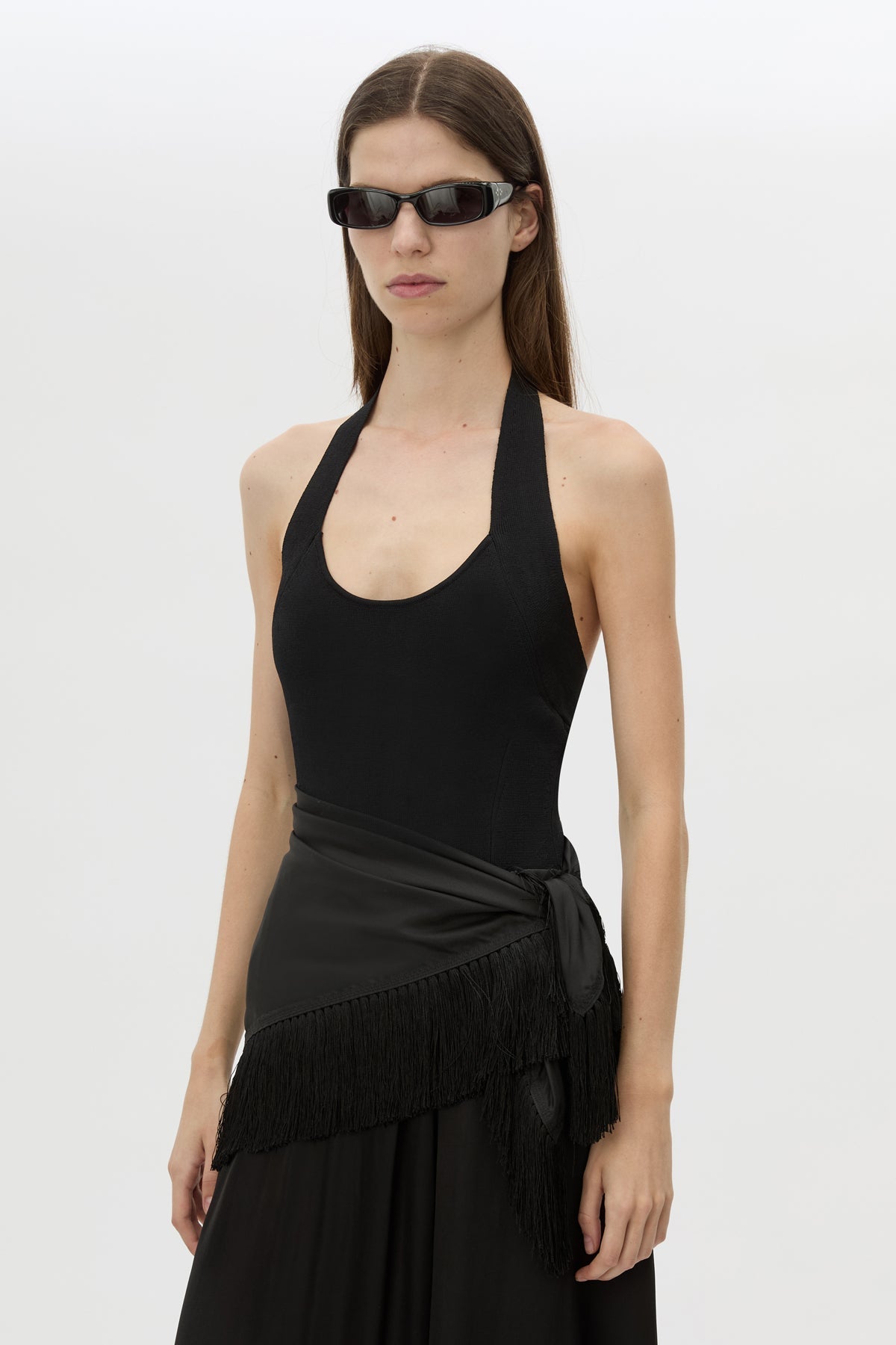 Cropped view CAMILLA AND MARC Dune Scarf Top in Cream with fringe hem, and corner loops for versatile wear.