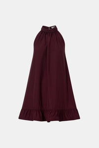 Ghost view CAMILLA AND MARC Elsen Halter Mini Dress in Burgundy with open back, tie‑up neck and fluted crinoline hem.