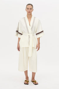 Front view CAMILLA AND MARC relaxed Enna Robe in stone with embroidery detail.
