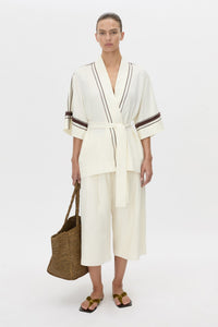 Front-styled view CAMILLA AND MARC relaxed Enna Robe in stone with embroidery detail.
