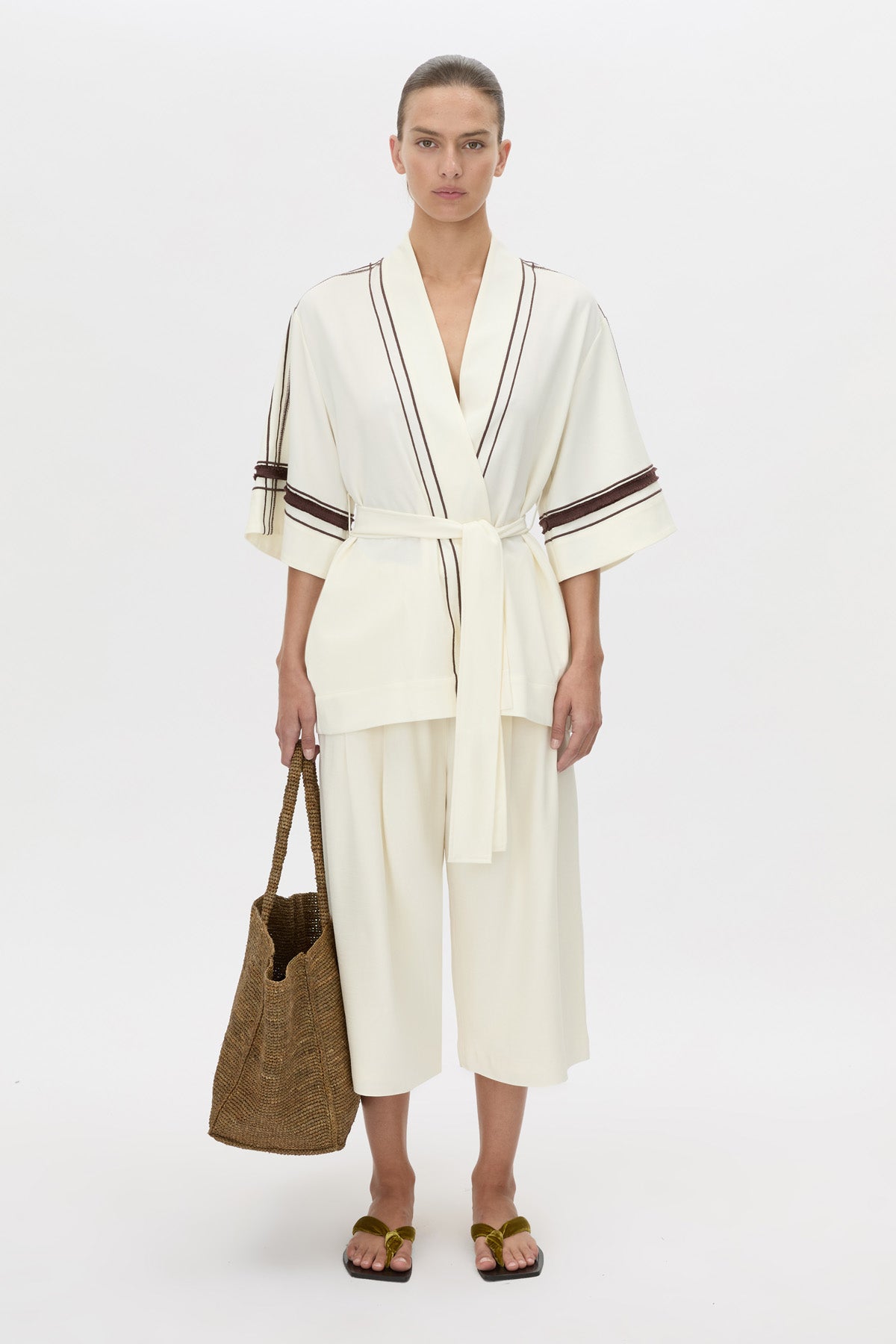 Front view CAMILLA AND MARC relaxed Enna Robe in stone with embroidery detail.