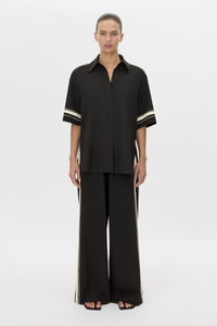 Front view CAMILLA AND MARC relaxed Enna Shirt in black with embroidery detail.