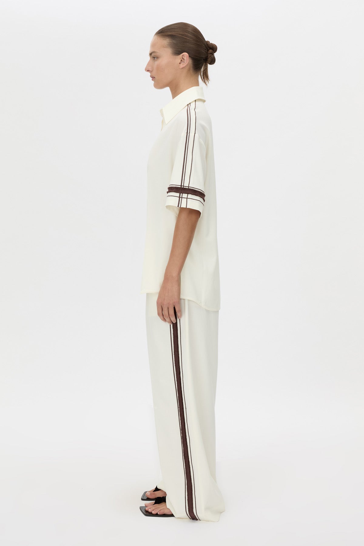 Side view CAMILLA AND MARC relaxed Enna Shirt in stone with embroidery detail.