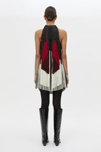 Back view CAMILLA AND MARC Evara Fringe Mini Dress with multicoloured layered satin fringe and high neckline.