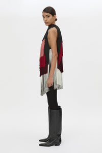 Side view CAMILLA AND MARC Evara Fringe Mini Dress with multicoloured layered satin fringe and high neckline.