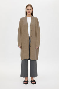 Front view CAMILLA AND MARC Francis Knit Long Cardigan in Caramel with rib front button placket.