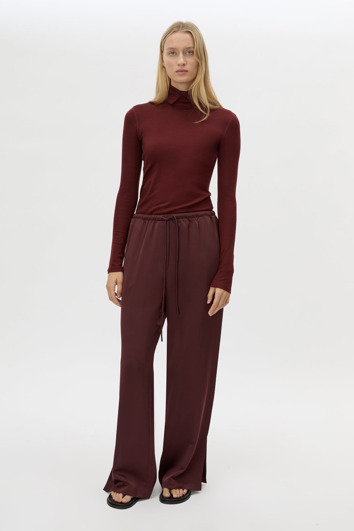 Front view CAMILLA AND MARC Ground Satin Pant in Black with relaxed fit.