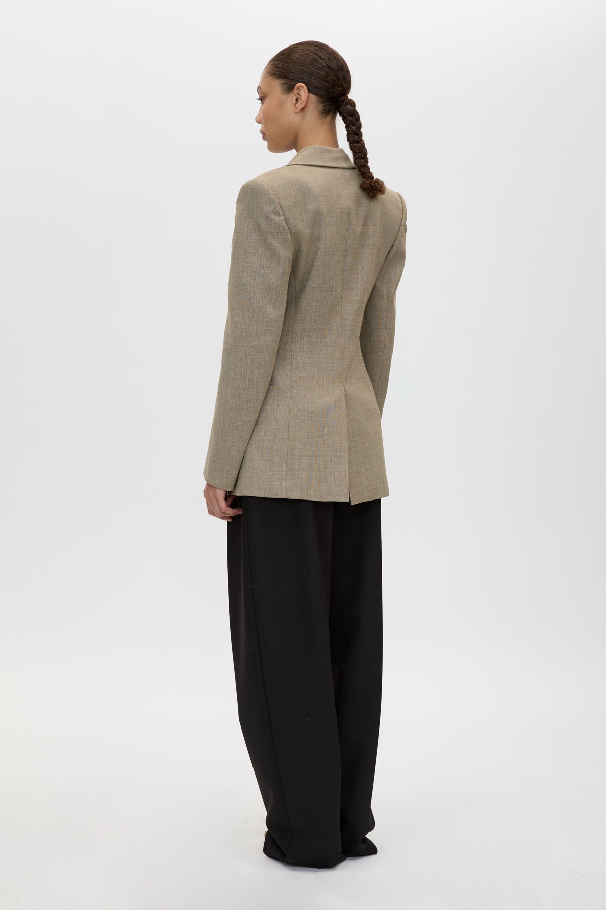 Back view CAMILLA AND MARC Halden Fitted Contour Blazer in Taupe with overlapped closure, crafted in Turkish twill.