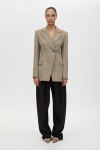 Front view CAMILLA AND MARC Halden Fitted Contour Blazer in Taupe with overlapped closure, crafted in Turkish twill.