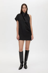 Front view CAMILLA AND MARC Huxley Draped Mini Dress in Black with laser‑cut neckline and draped panel.