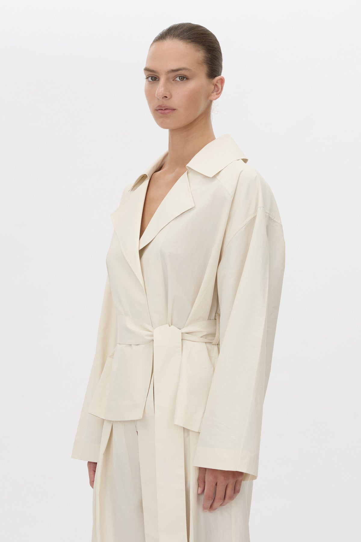 Cropped view CAMILLA AND MARC Inca Belted Wrap Jacket in ivory.