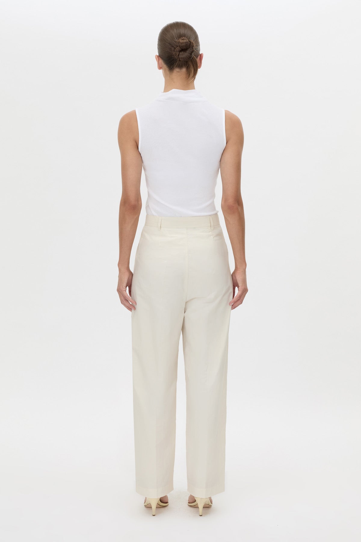 Back view CAMILLA AND MARC Inca Wide Leg Tailored Pant in ivory with a mid‑rise fit.
