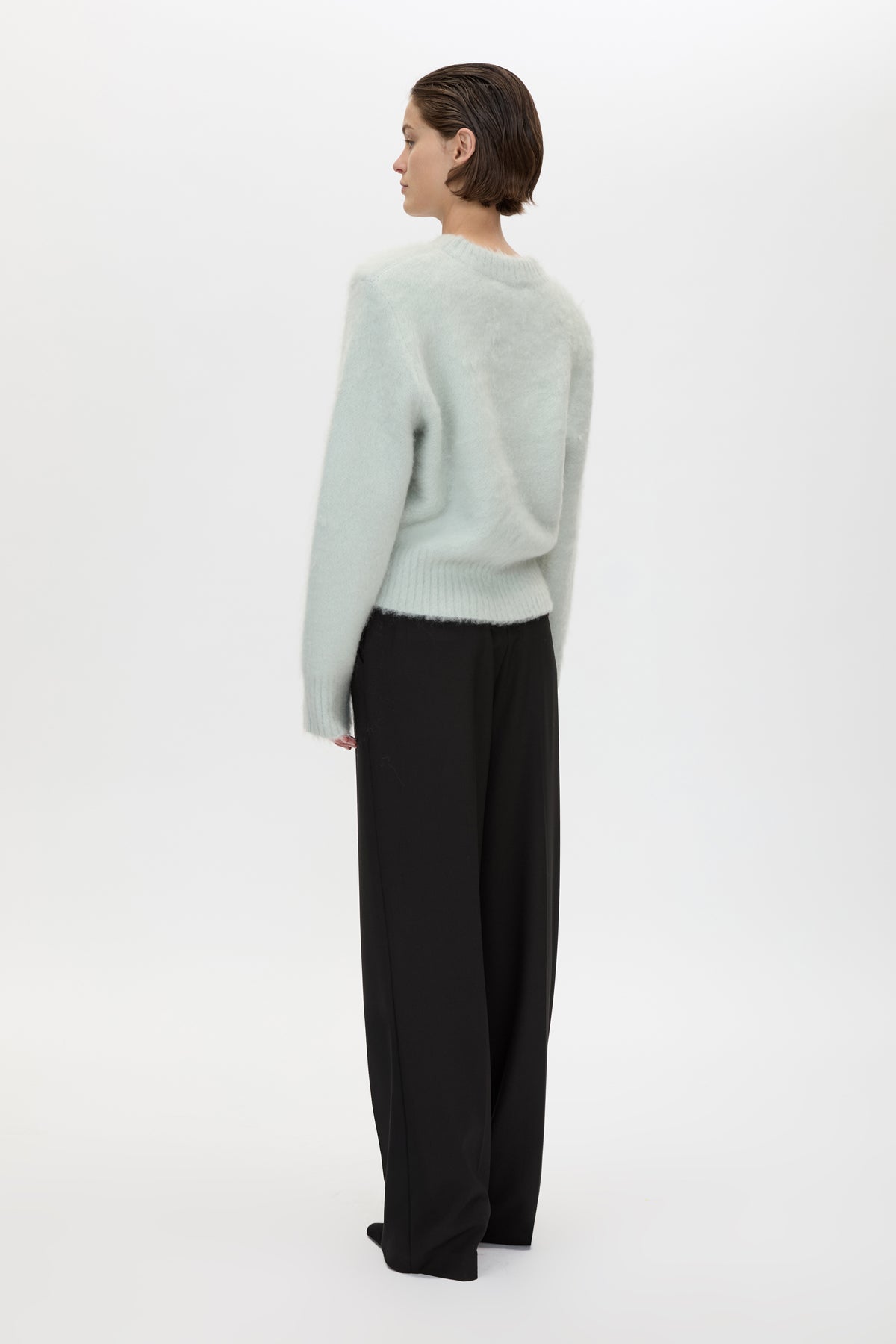 Back view CAMILLA AND MARC Ines Knit Sweater in Mint with brushed knit texture and ribbed crew neckline.