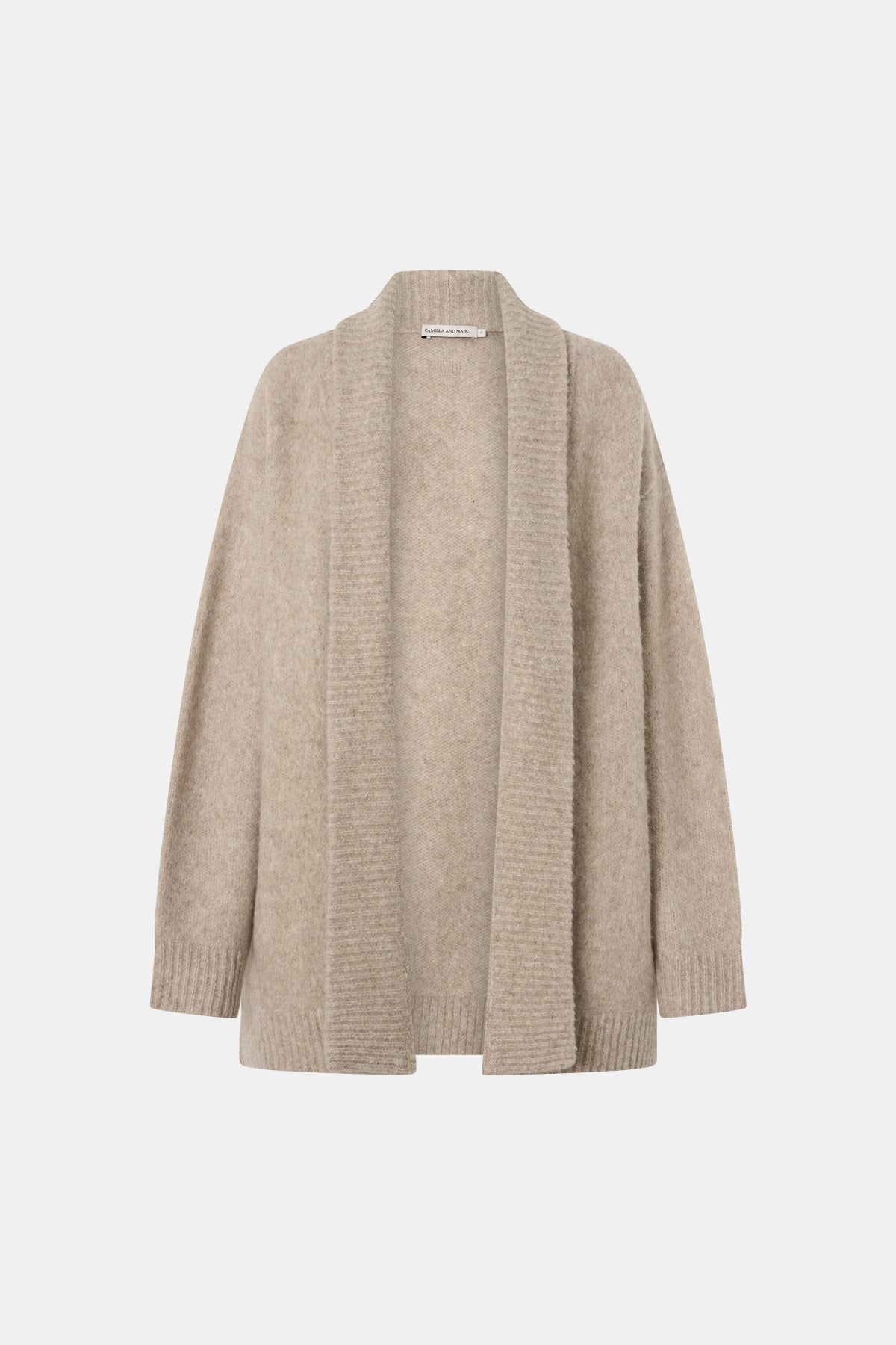 Ghost view CAMILLA AND MARC Leonie Knit Cardigan in Oatmeal Marle with wrap closure and waist tie.