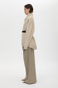 Side view CAMILLA AND MARC Leonie Knit Cardigan in Oatmeal Marle with wrap closure and waist tie.