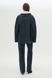 Back view CAMILLA AND MARC Luca Denim Utility Jacket in Indigo Neps with a detachable shearling collar.
