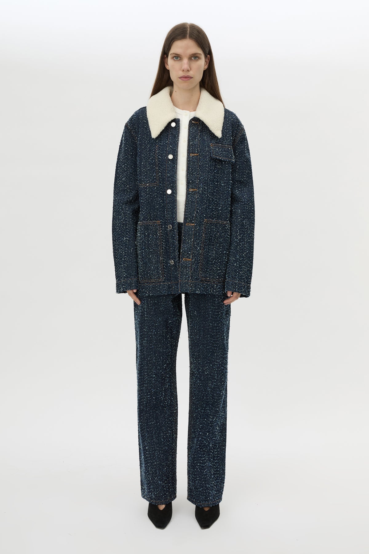 Front view CAMILLA AND MARC Luca Denim Utility Jacket in Indigo Neps with a detachable shearling collar.