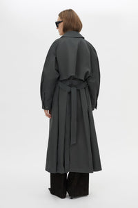 Back view CAMILLA AND MARC Mahdavi Trench in Grey with oversized silhouette and dropped raglan long sleeves.