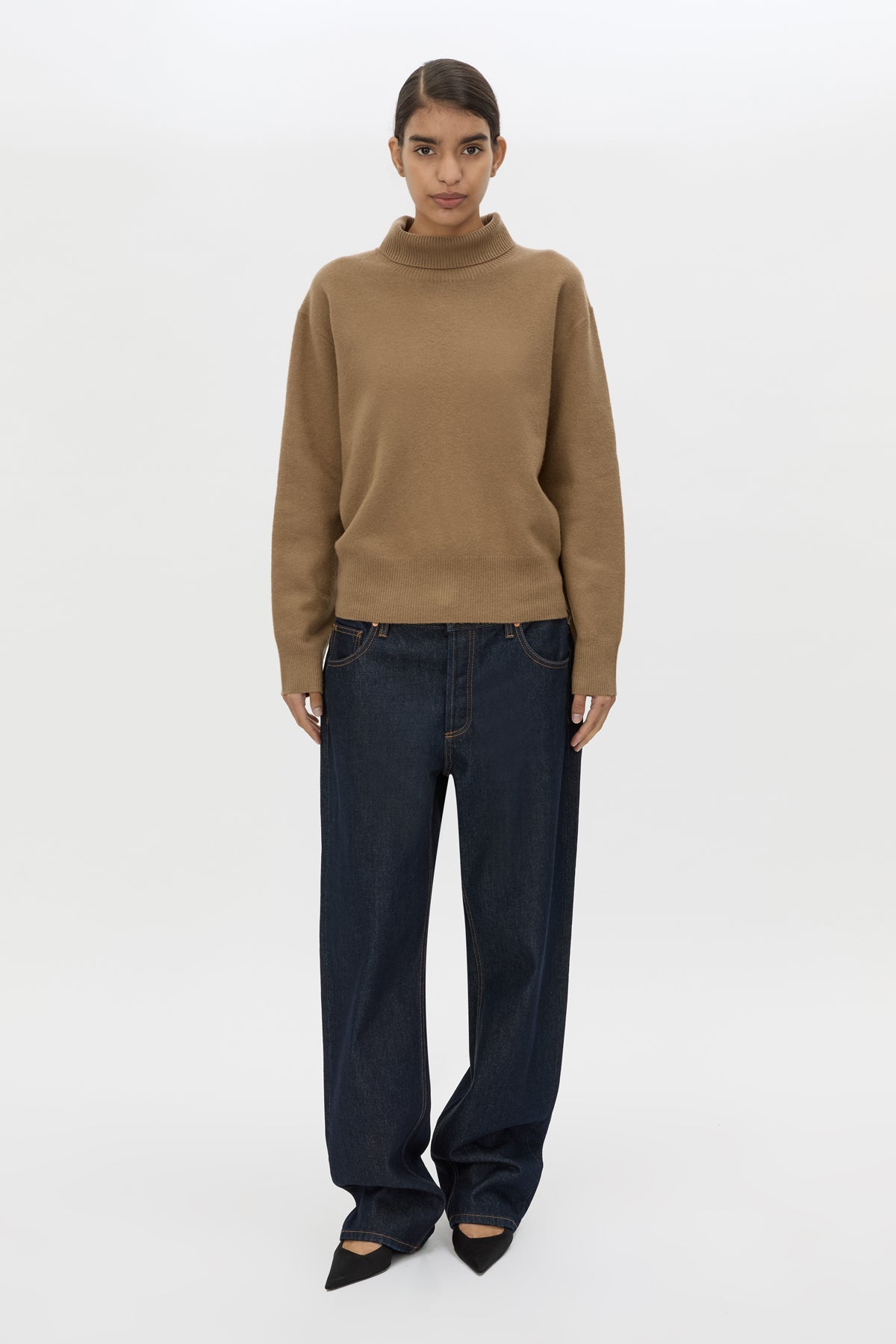 Front view CAMILLA AND MARC Margot Turtleneck Knit Sweater in Cinnamon with ribbed collar and hems.