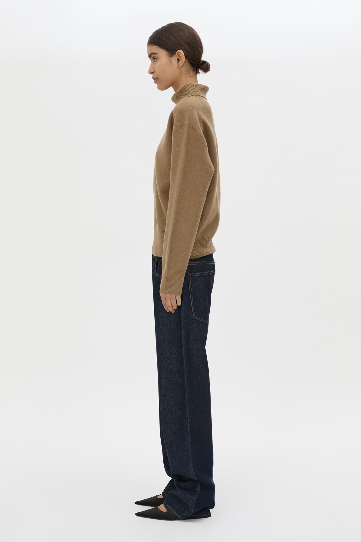 Side view CAMILLA AND MARC Margot Turtleneck Knit Sweater in Cinnamon with ribbed collar and hems.