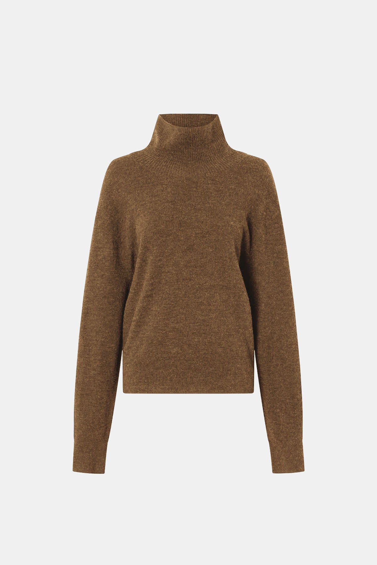 Ghost view CAMILLA AND MARC Margot Turtleneck Knit Sweater in Cinnamon with ribbed collar and hems.