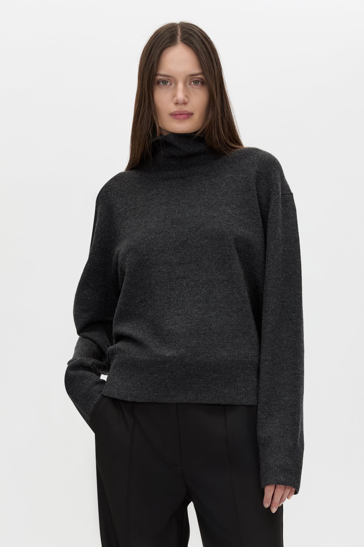 Cropped view CAMILLA AND MARC Margot Turtleneck Knit Sweater in Charcoal Grey with ribbed collar and hems.