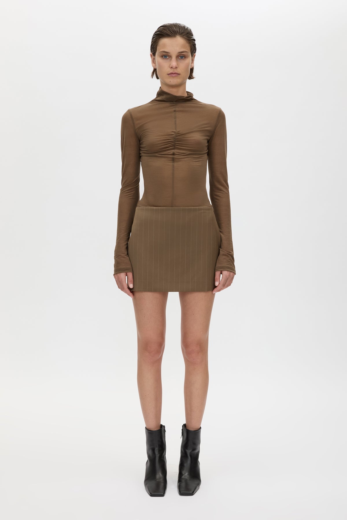 Front view CAMILLA AND MARC Maxim Tailored Mini Skirt in Cinnamon Brown, featuring a wool‑blend pinstripe fabrication.