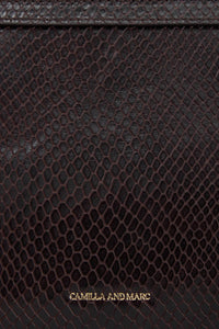 Cropped view CAMILLA AND MARC Mette Mini Snake Bag in chocolate snake‑textured leather.