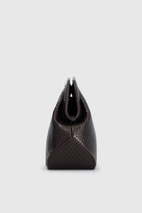 Side view CAMILLA AND MARC Mette Mini Snake Bag in chocolate snake‑textured leather.