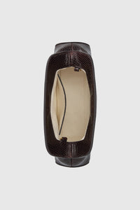 Top view CAMILLA AND MARC Mette Mini Snake Bag in chocolate snake‑textured leather.