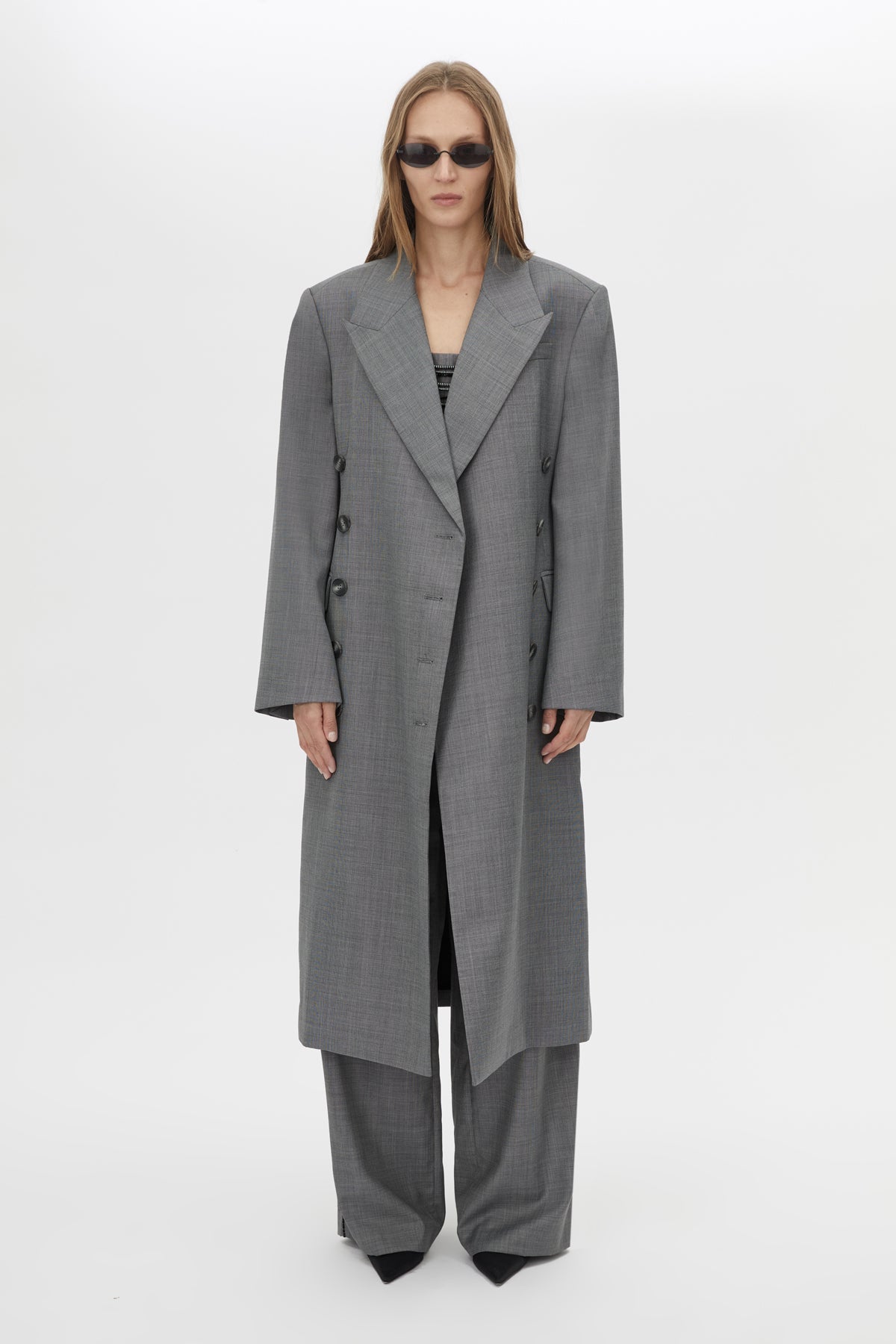 Front view CAMILLA AND MARC Meyer Beaded Pant in Charcoal Grey with the Meyer Double Breasted Coat.