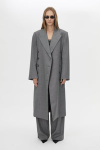 Front view CAMILLA AND MARC Meyer Beaded Pant in Charcoal Grey with the Meyer Double Breasted Coat.