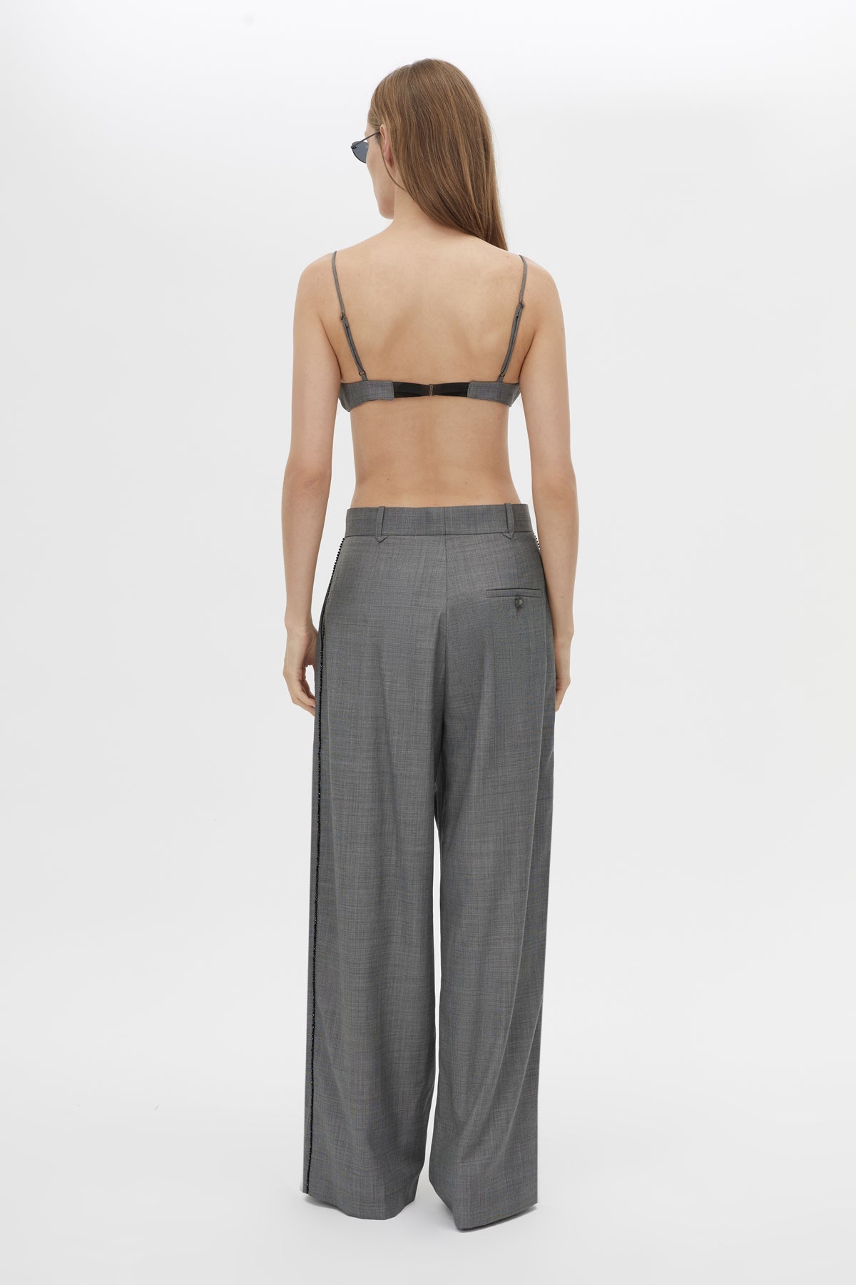 Back view CAMILLA AND MARC Meyer Beaded Pant in Charcoal Grey with a low‑rise tailored silhouette and beaded side seams.