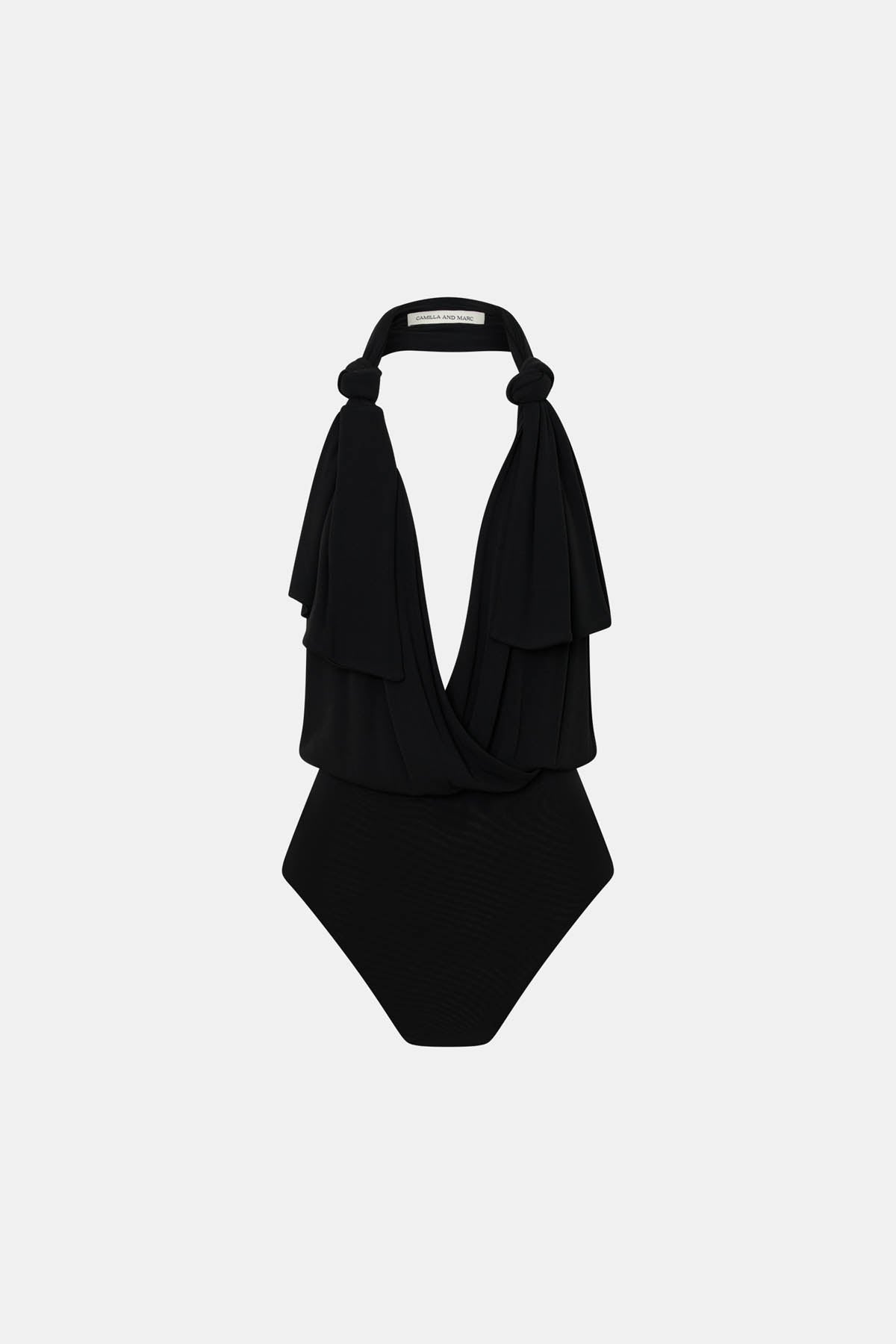 Ghost view CAMILLA AND MARC Myro Bodysuit in black with a knotted wrap cowl neckline.