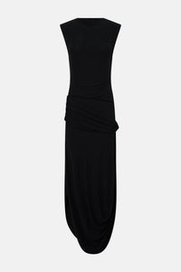 Ghost view CAMILLA AND MARC Myro Midi Dress in black with a fitted waistline and a twisted drape detail at the hip.