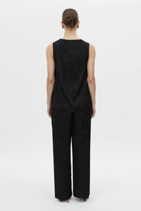 Back view CAMILLA AND MARC Naidee Satin Sleeveless Top in black with sleeveless shell design in satin fabrication.