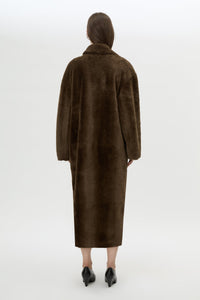Back view CAMILLA AND MARC Nala Furry Coat in Truffle styled with the Rhys Croc Pump.