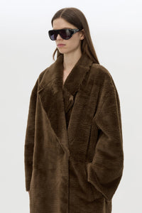 Cropped view CAMILLA AND MARC Nala Furry Coat in truffle with oversized faux‑fur, 