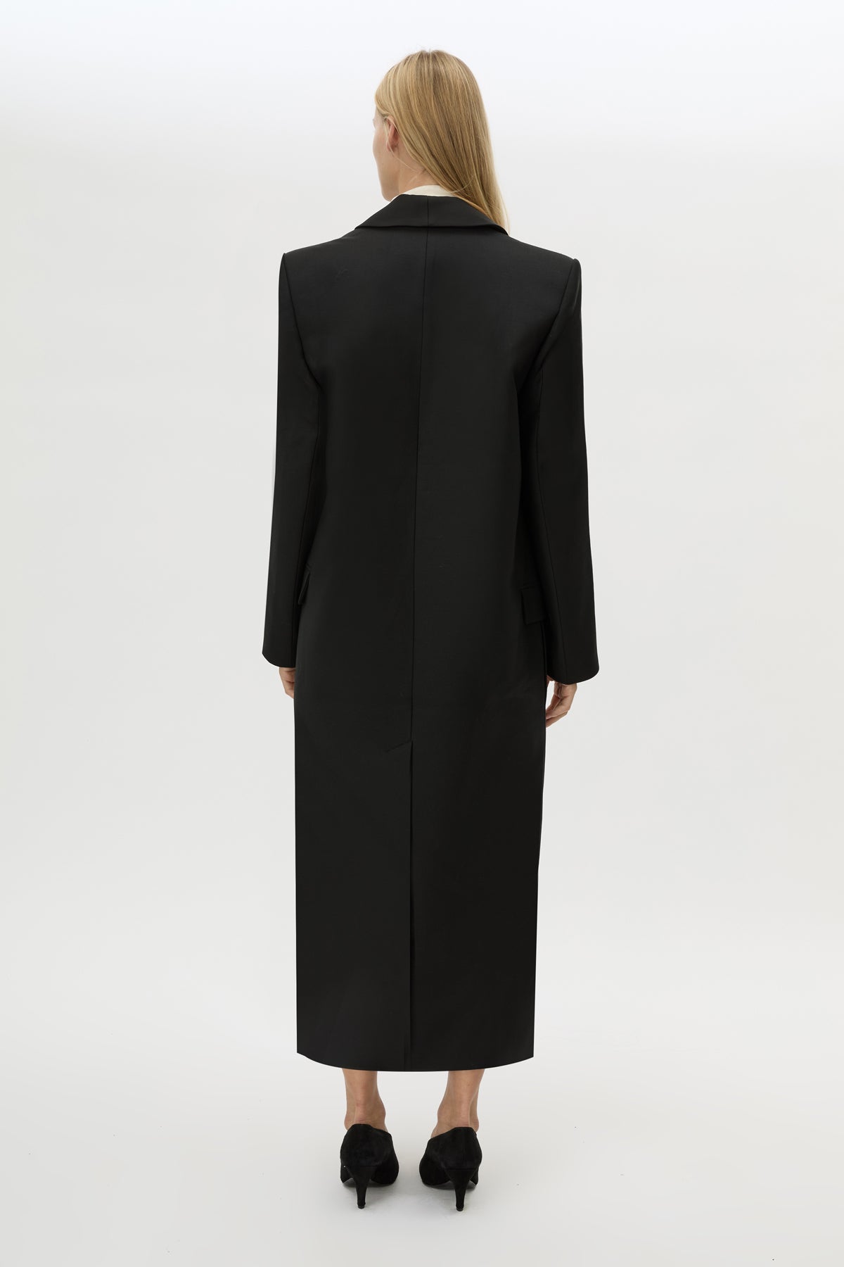 Back view CAMILLA AND MARC Natalini Coat in Black with contrast satin shawl collar.
