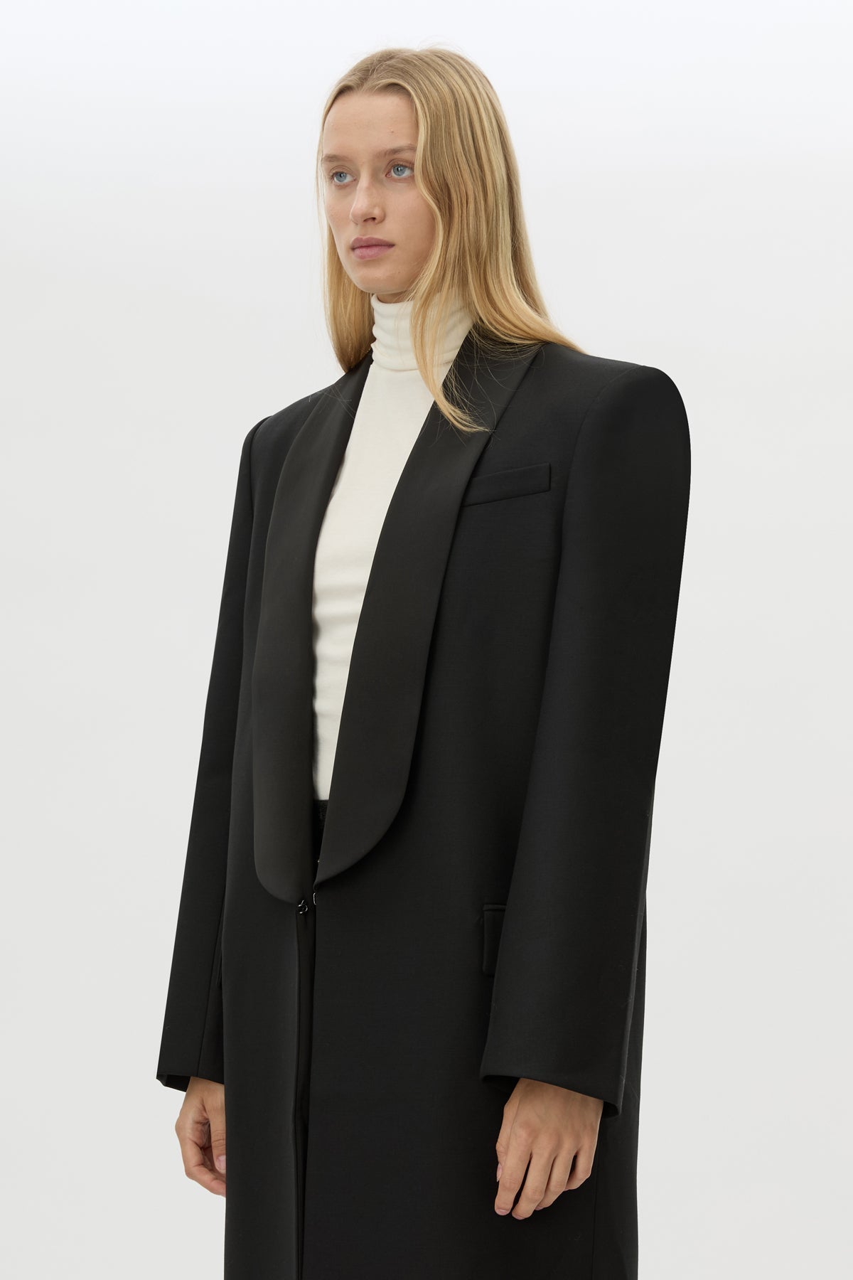 Cropped view CAMILLA AND MARC Natalini Coat in Black with contrast satin shawl collar.
