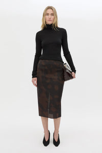 Front view CAMILLA AND MARC Nieve Sheer Printed Midi Skirt in Black Chocolate print with silk stretch fabrication.