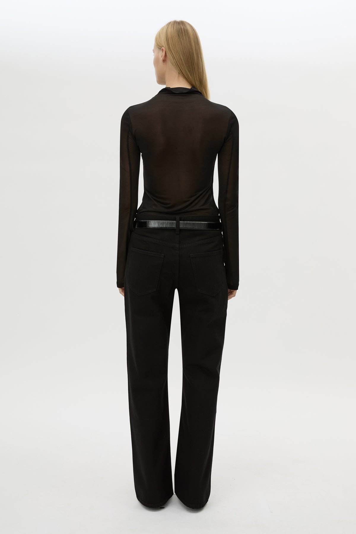 Back view CAMILLA AND MARC Novel Long Sleeve Stocking Top in Black with ruched bust detail.