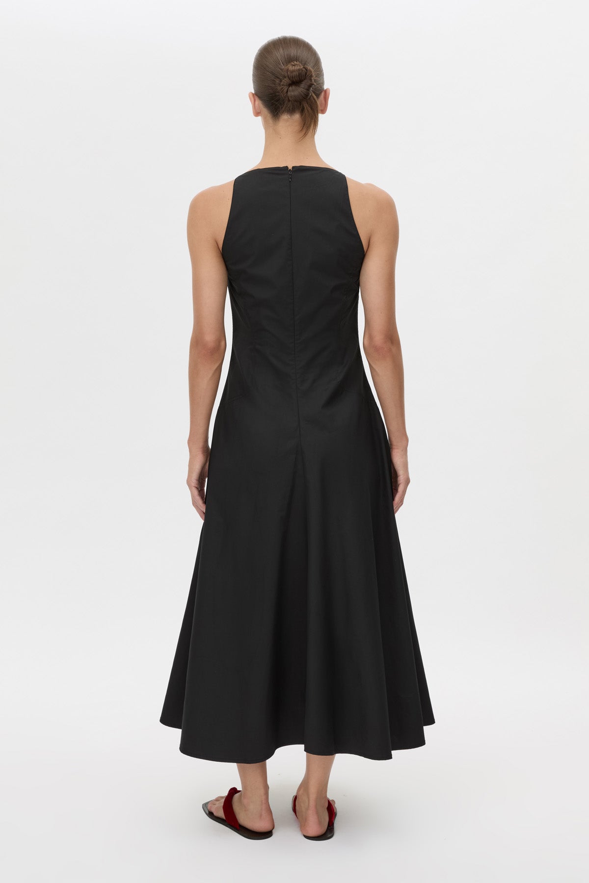 Back view CAMILLA AND MARC Onesto Cotton Midi Dress in black with a cowl neckline.