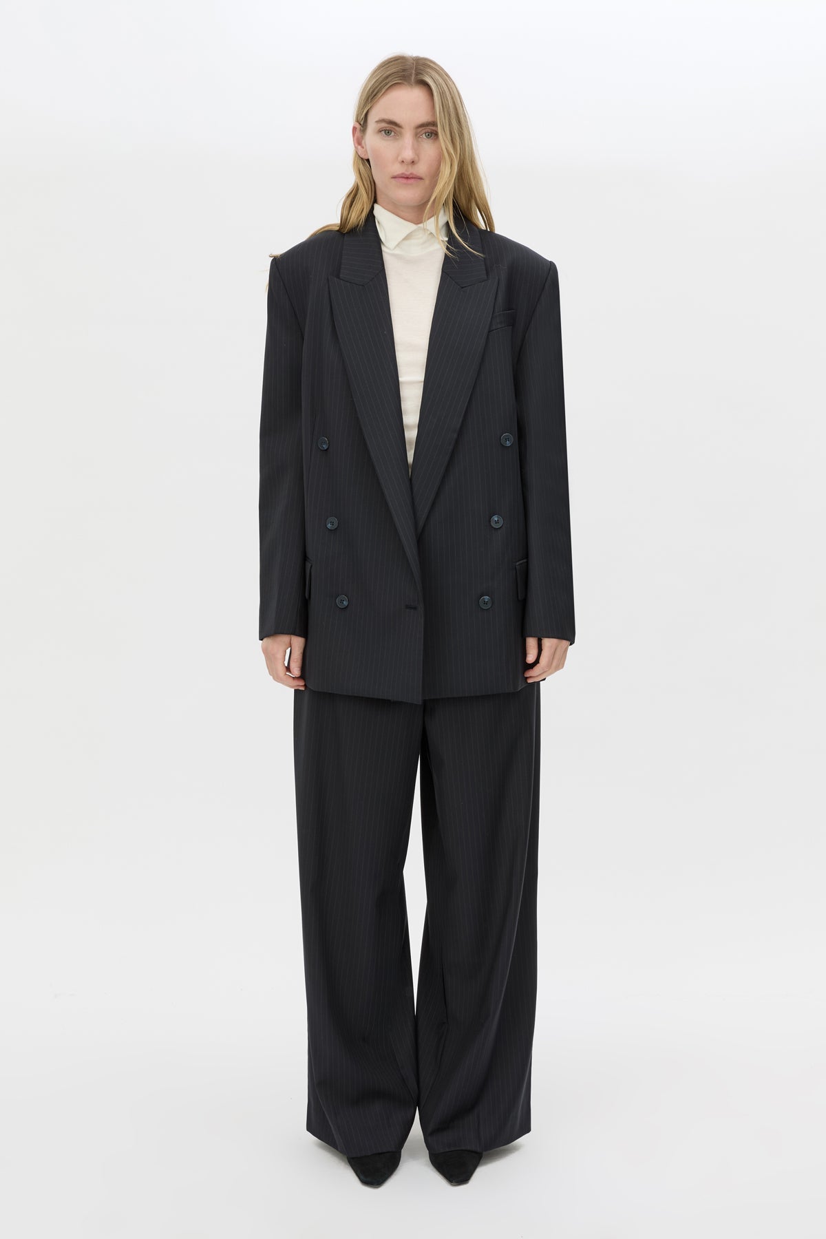 Front view CAMILLA AND MARC Orban Oversized Blazer in Navy pinstripe styled with the Orban Pant.